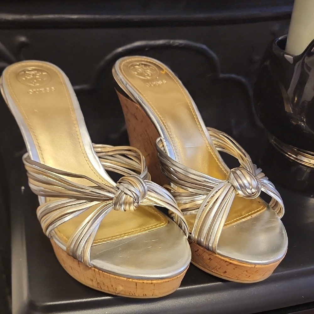 Guess Babsi Silver and Tan Wedge Sandals